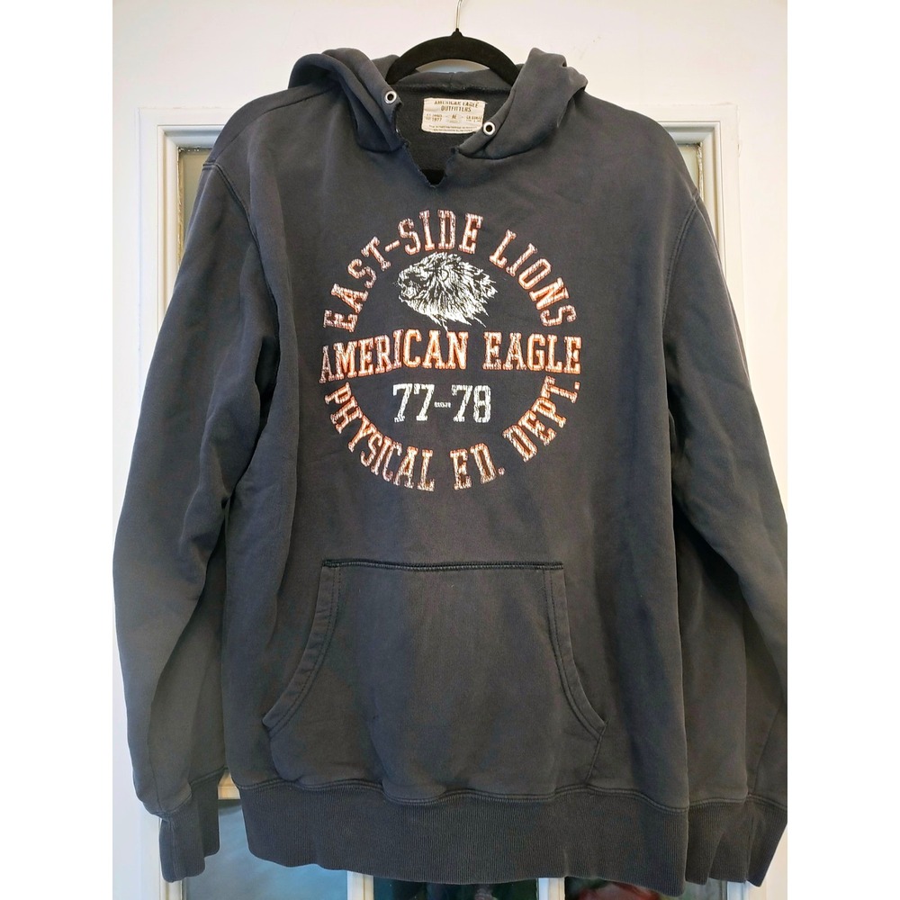 American Eagle Outfitters Men's Gray Lion Graphic Logo Fleece Hoodie Pullover L